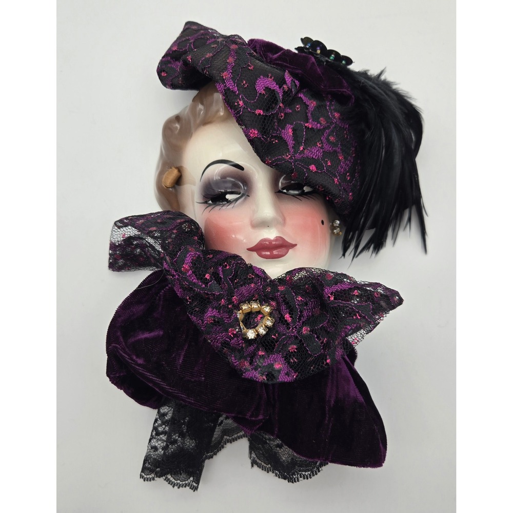 Signed Unique Creations Face Wall Mask 20s Flapper Velvet Lace Feathers Numbered